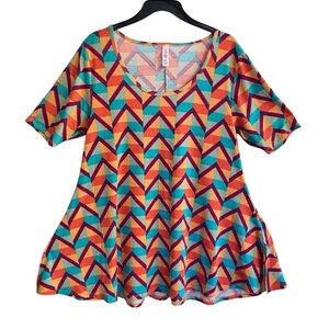 LulaRoe PERFECT TEE Scoop Neck Orange Green Red Geometric Swing Tunic MEDIUM